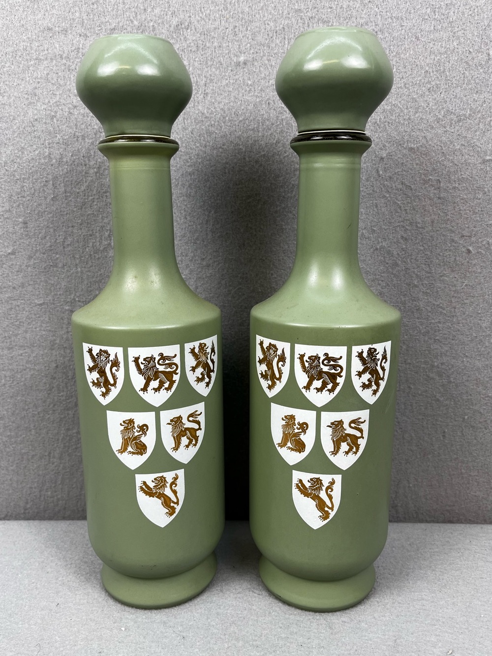 Vintage Sage Green Gold Lion White Crest Liquor Bottle Decanter Set Of 2